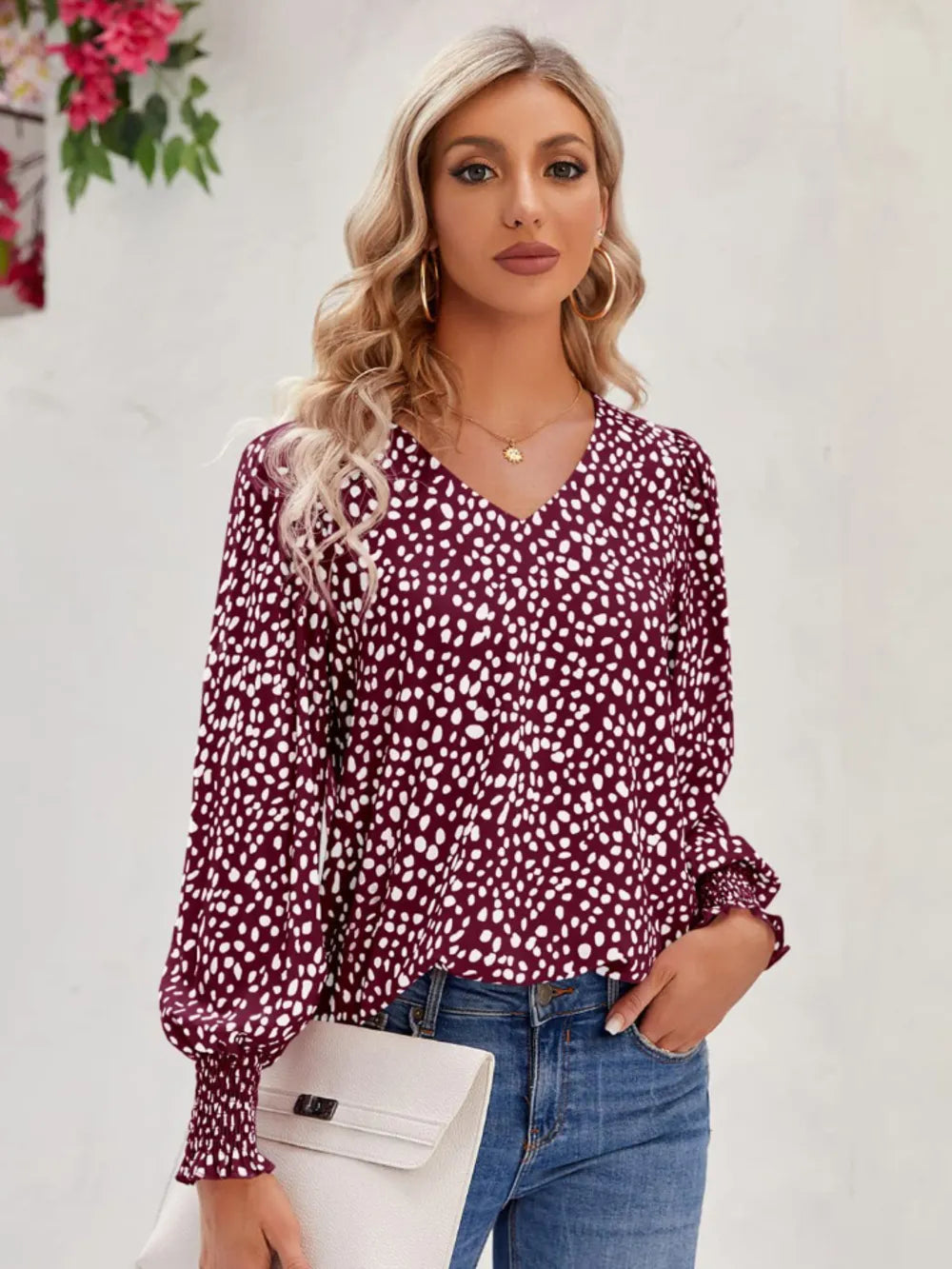 Printed V-Neck Lantern Sleeve Blouse Burgundy - Fashorio