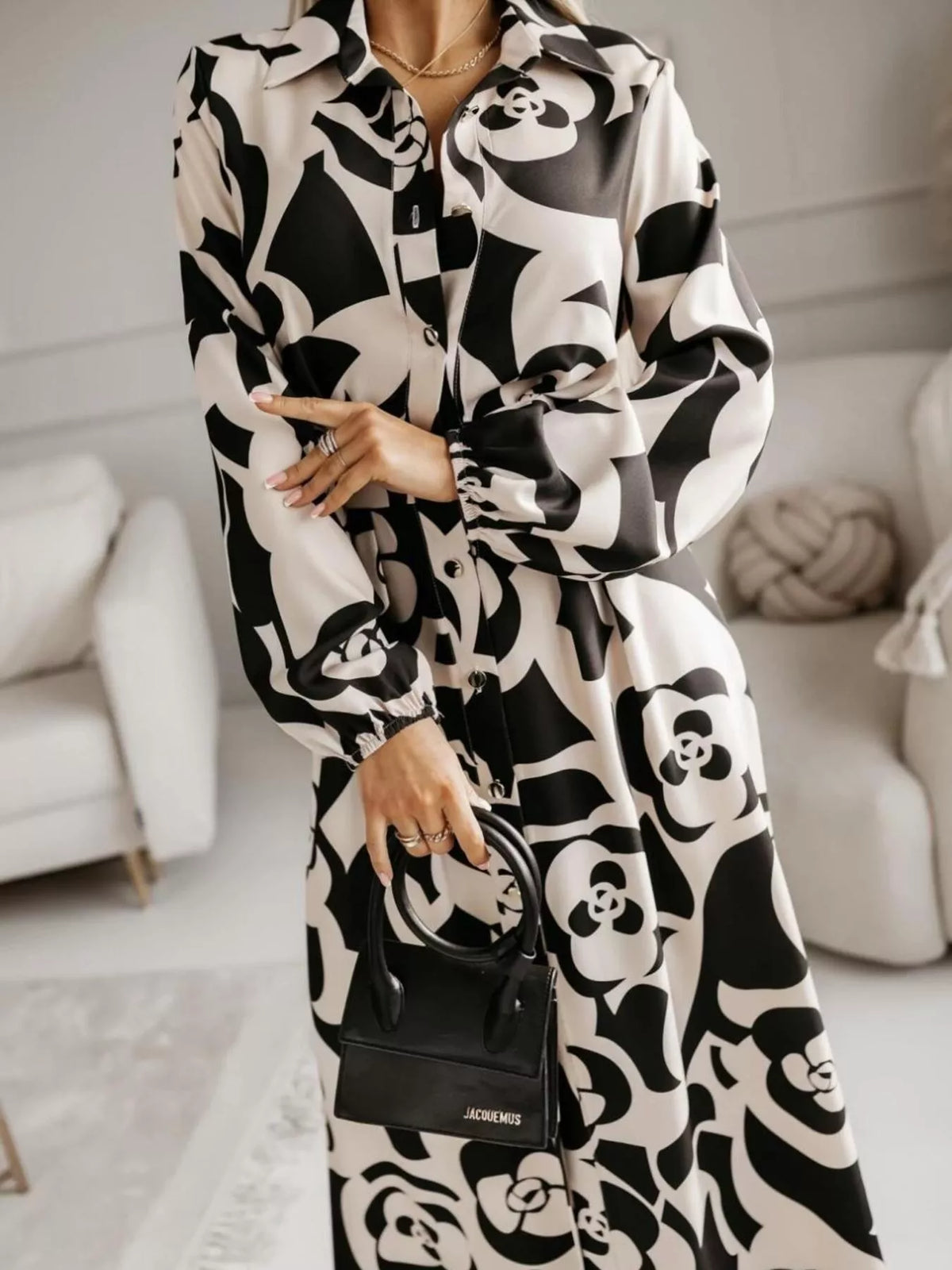 Printed button front maxi shirt dress sleeve detail