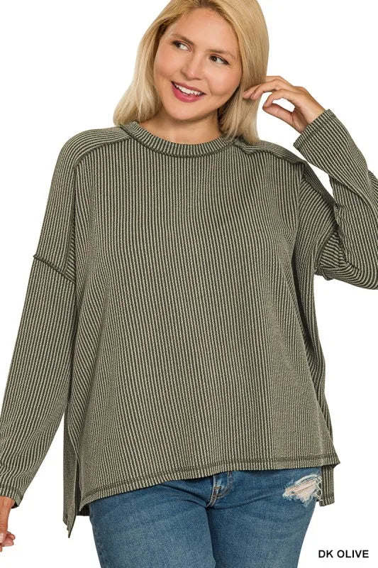 Zenana Full Size Exposed Seam Long Sleeve Corded Rib Knit Top Plus Size - Fashorio
