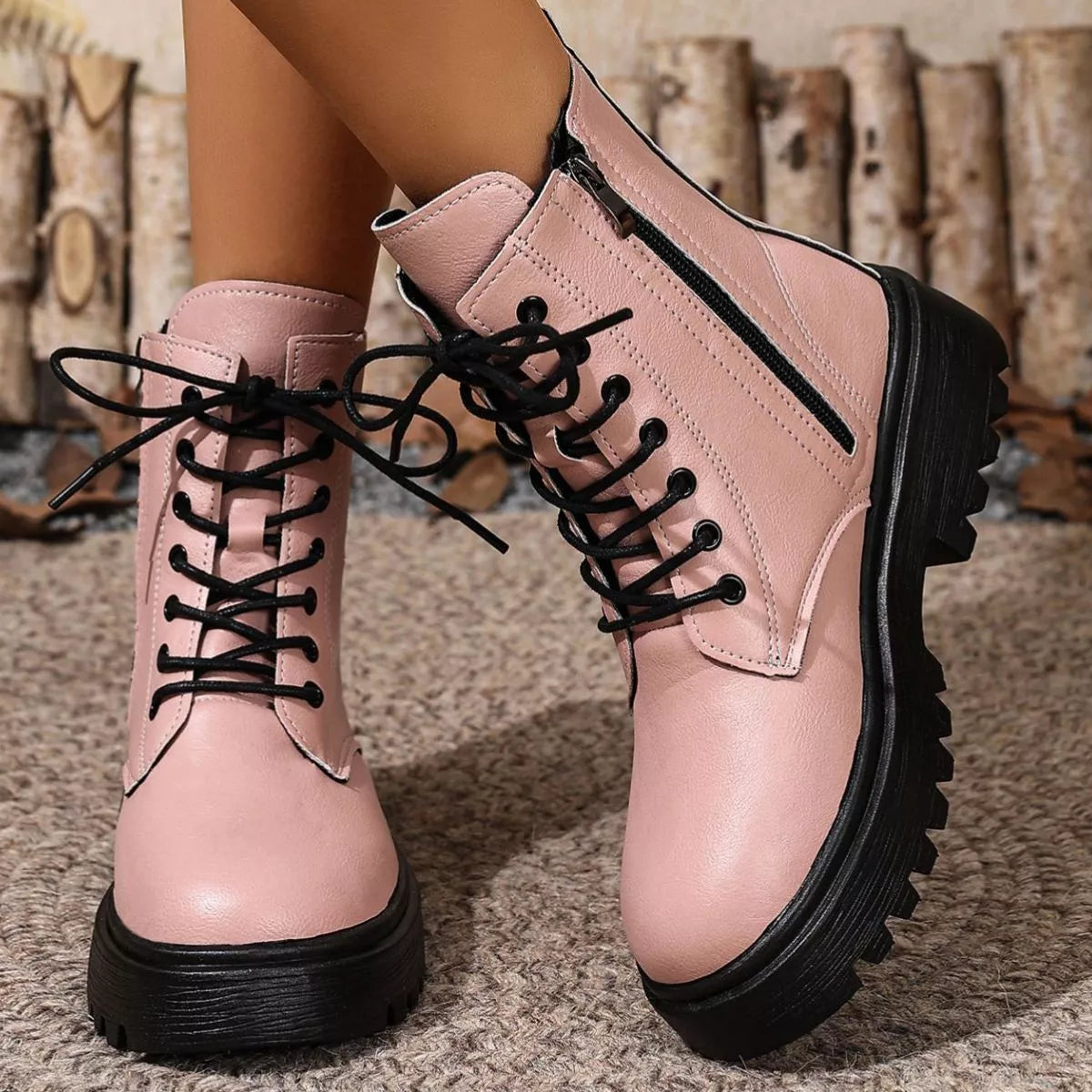 Pink round toe block heels boots pair standing together