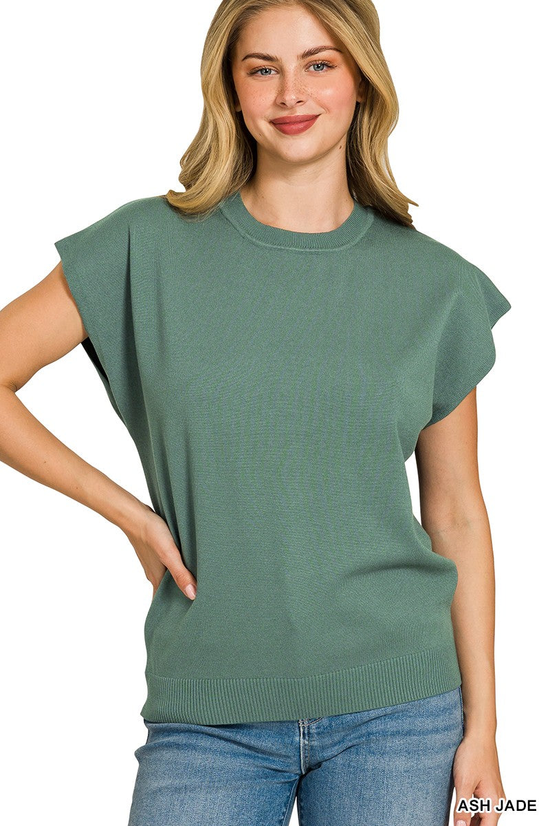 Jade green viscose round neck short sleeve sweater front
