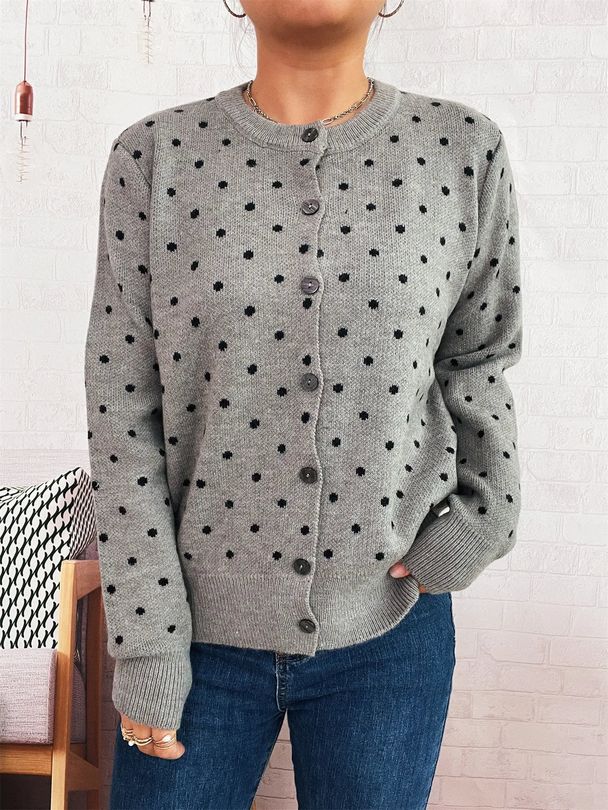 polka dot button up cardigan side view