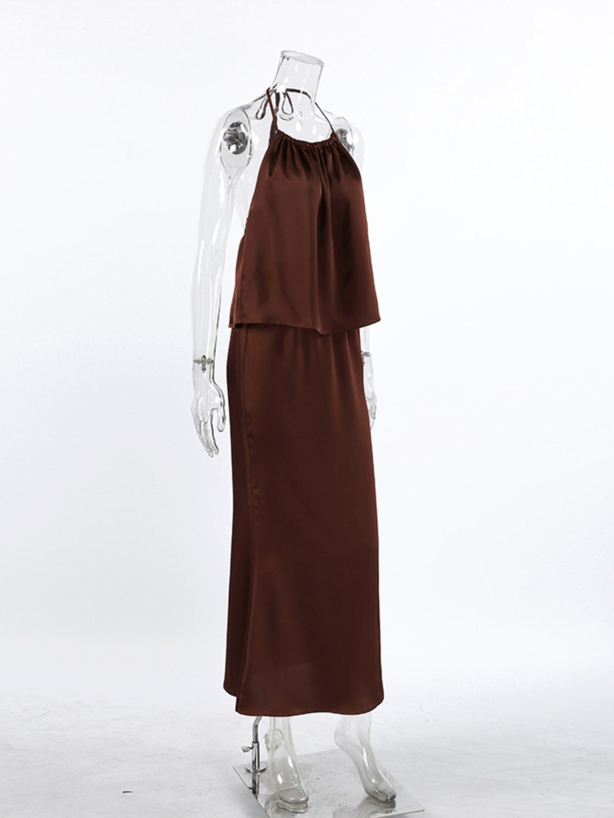 brown backless halter neck maxi dress full length view
