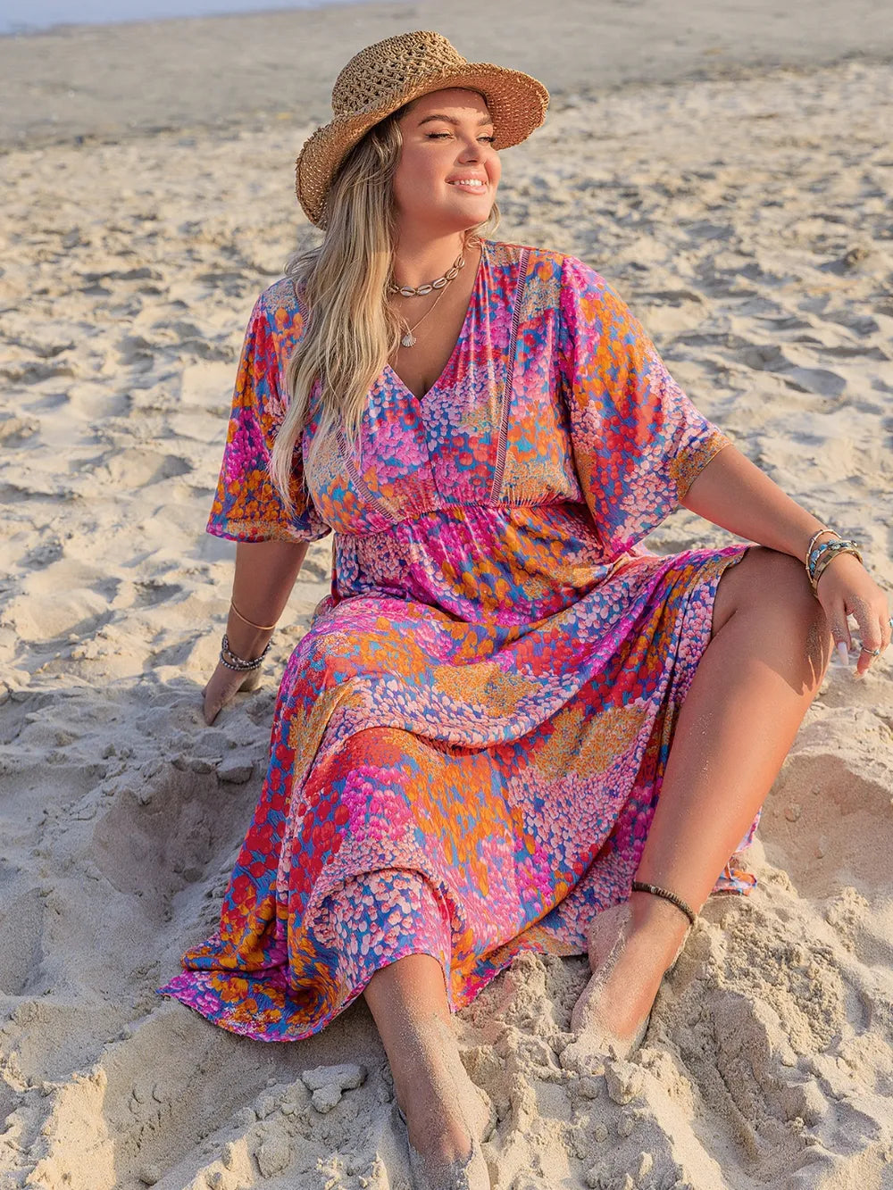 Printed V neck half sleeve maxi dress in fuchsia pink fabric detail