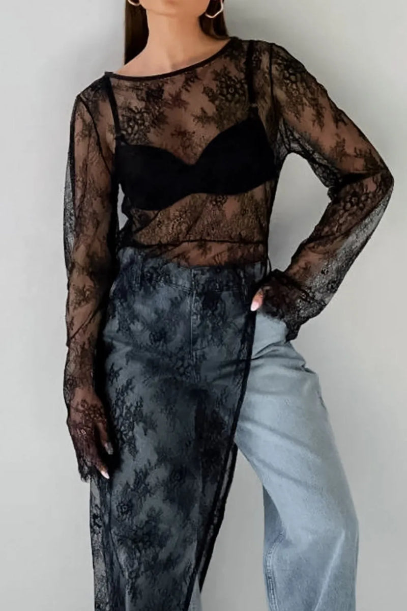 Fringe lace sheer long sleeve top front view