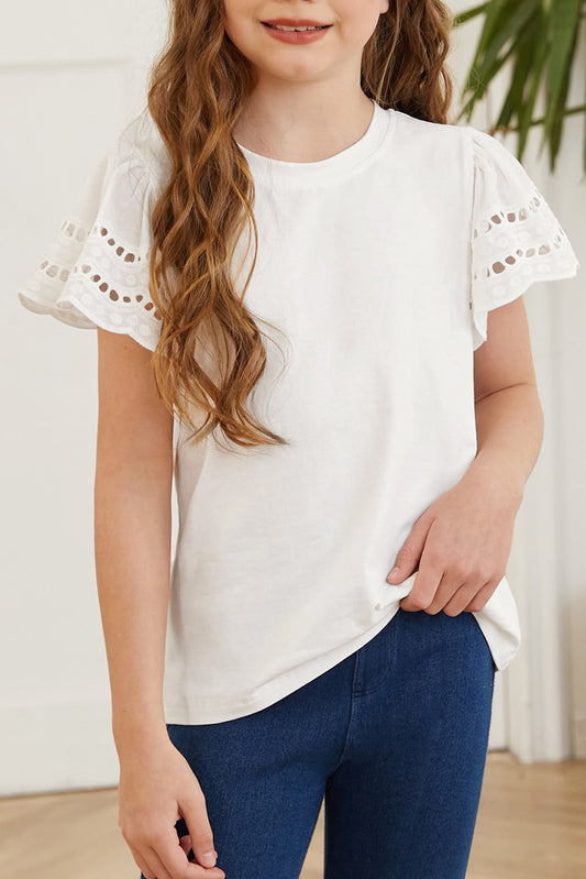 Round Neck Flutter Sleeve T-Shirt White - Fashorio