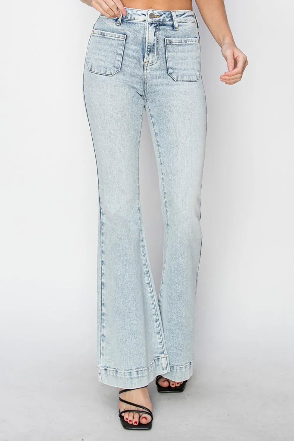 Risen Full Size High Rise Front Patch Pocket Flare Jeans - Fashorio