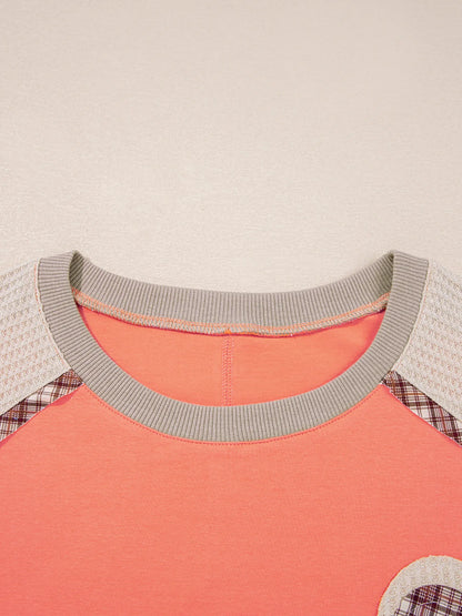 Plaid Waffle Flower Patchwork Contrast Top - Fashorio