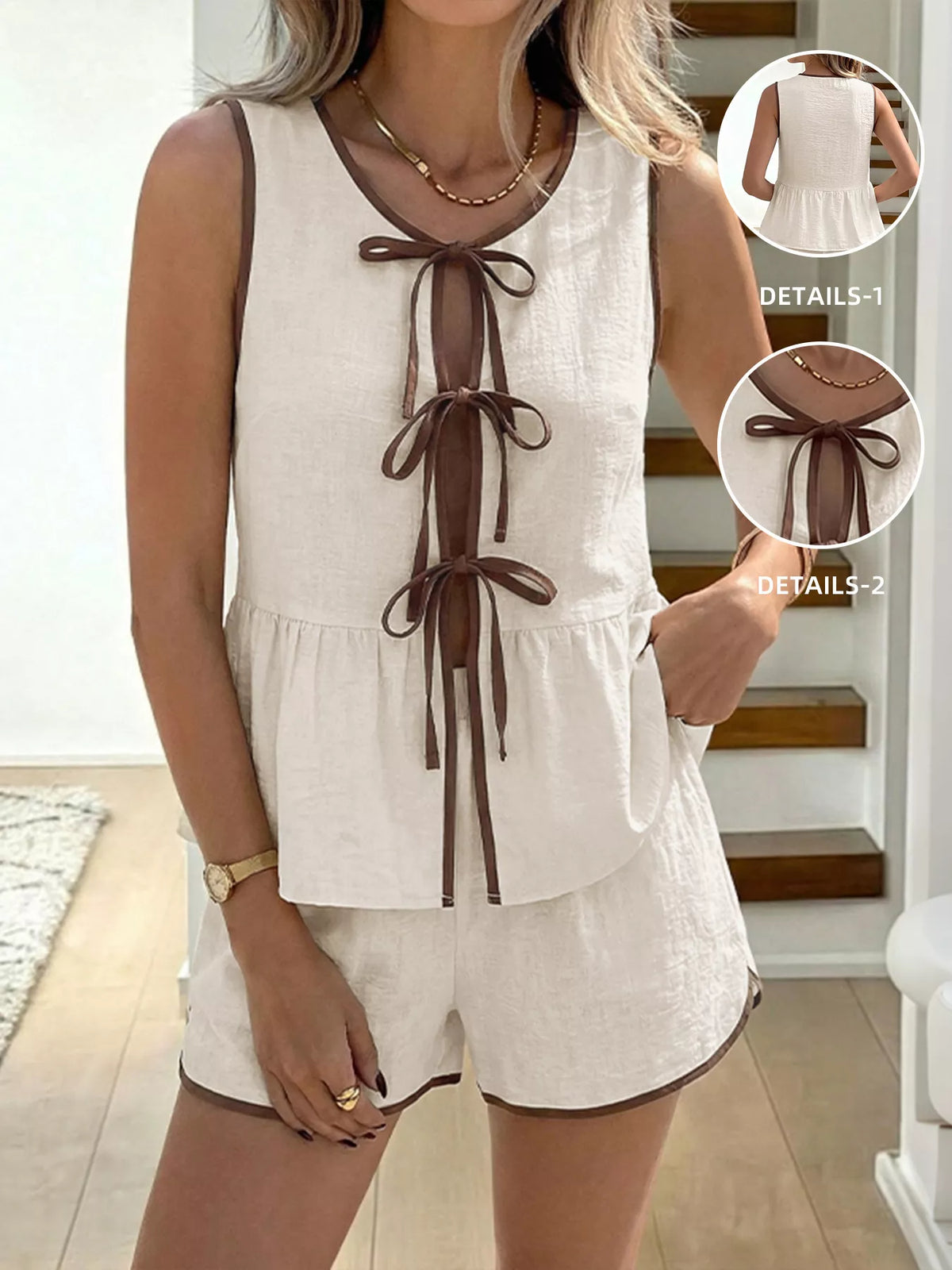 Beige tie front top and shorts two piece set front view