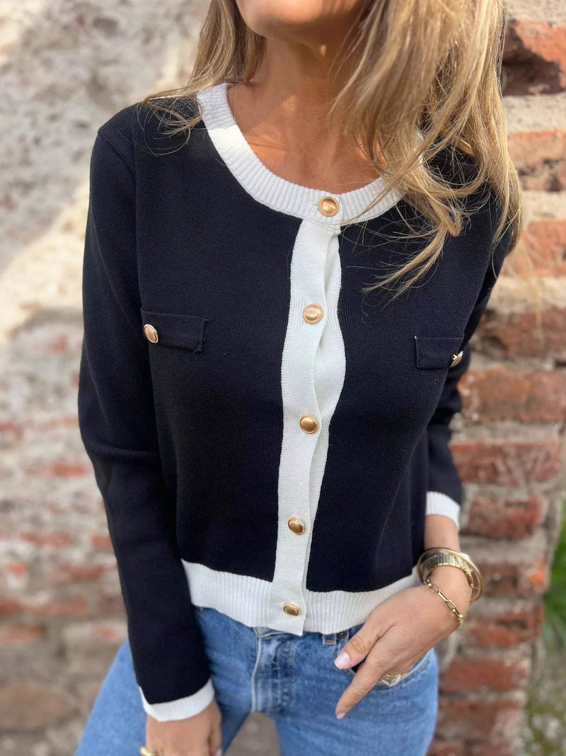 black contrast trim button up cardigan front view