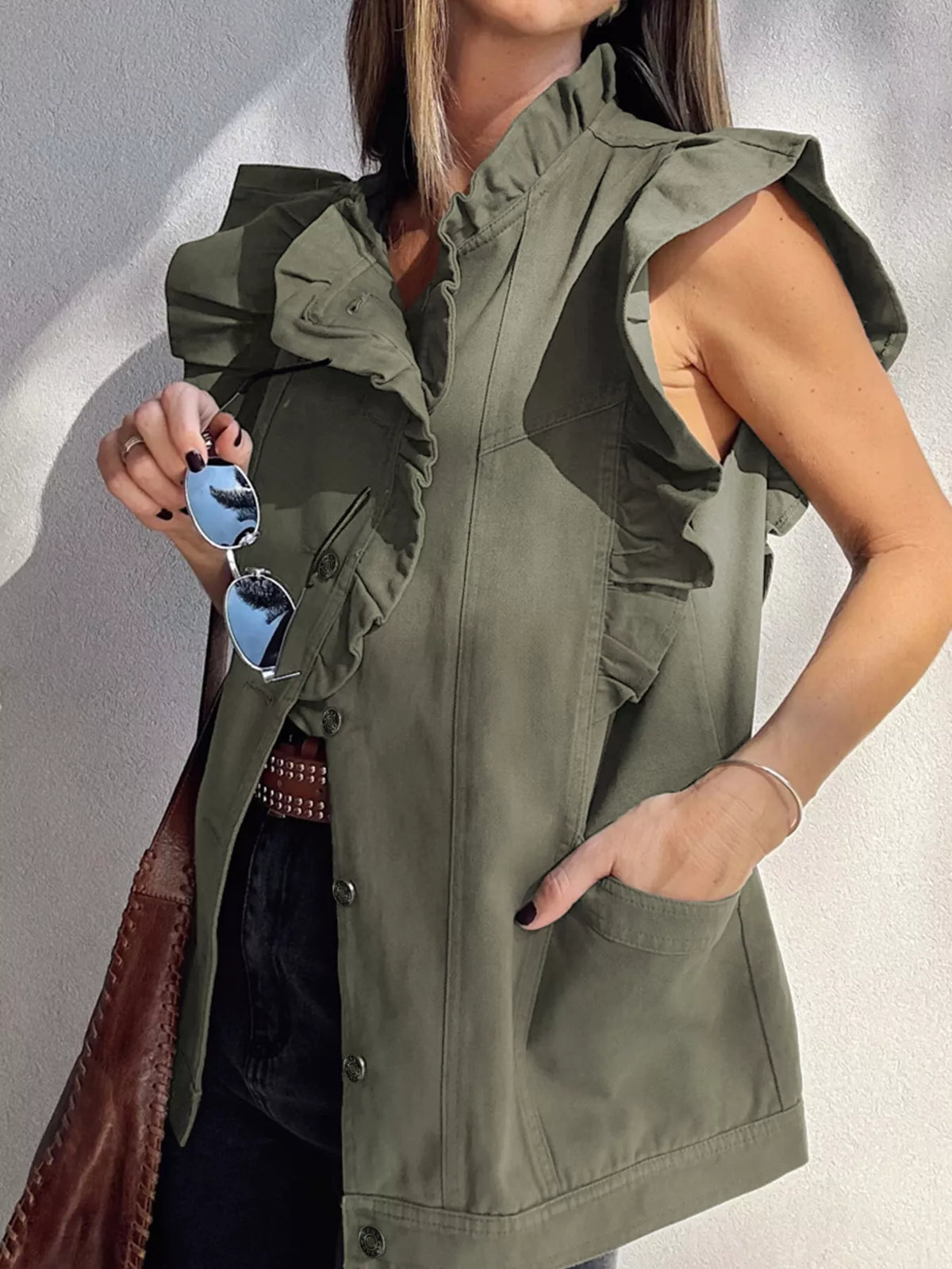 Ruffled Patchwork Denim Vest in Army Green detail