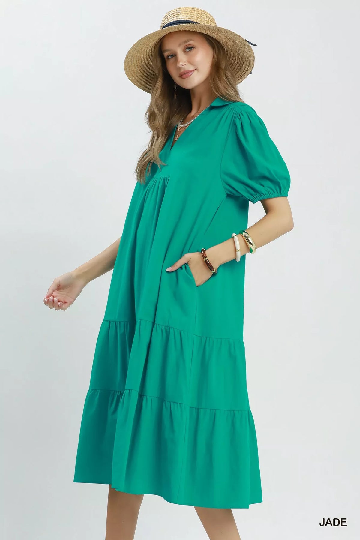 Jade green solid tiered midi dress back view