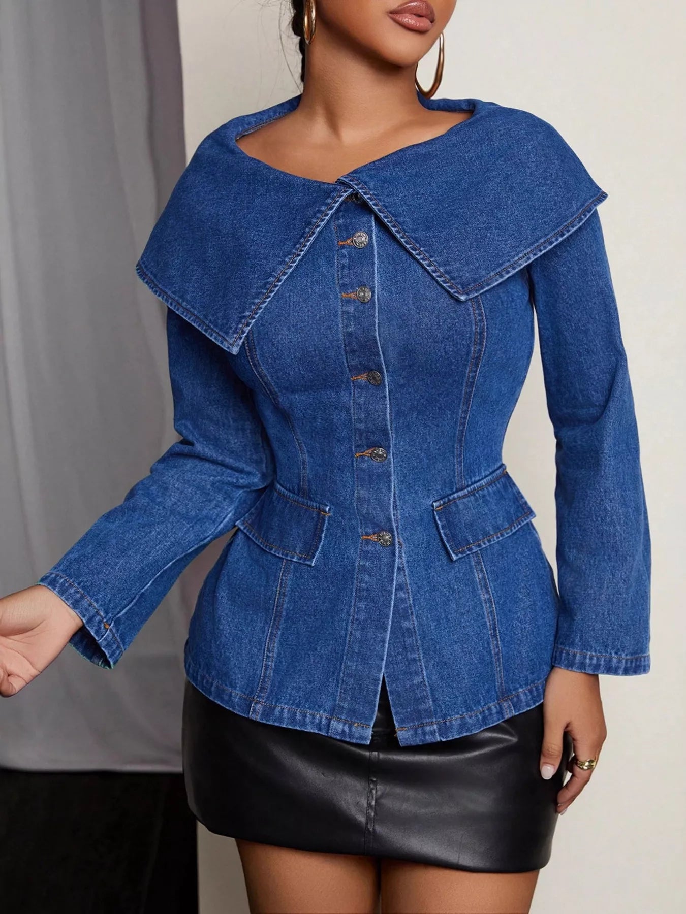 Button-Front Long Sleeve Denim Top Blue - Fashorio