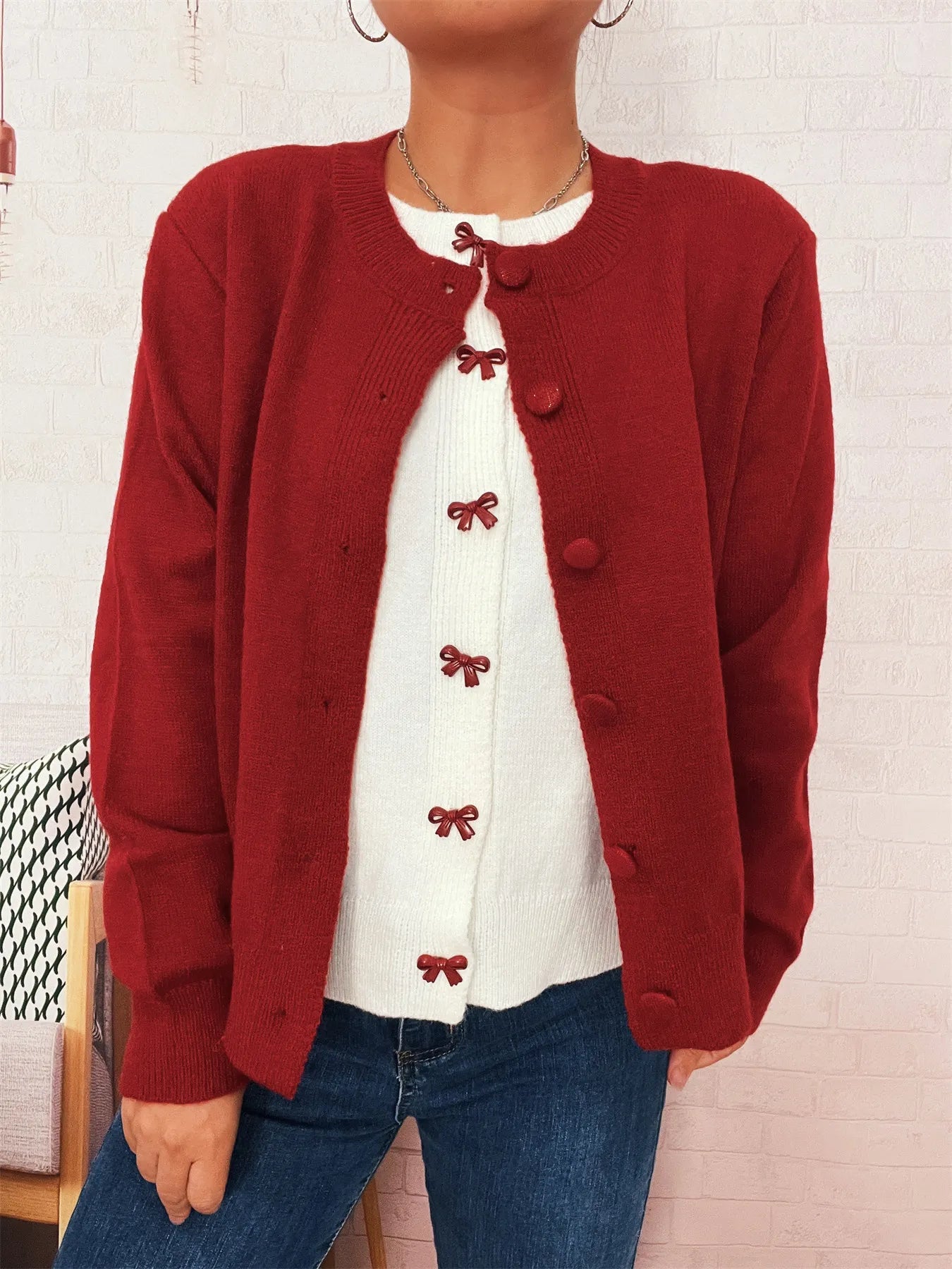 Button-Up Long Sleeve Cardigan Red One Size - Fashorio