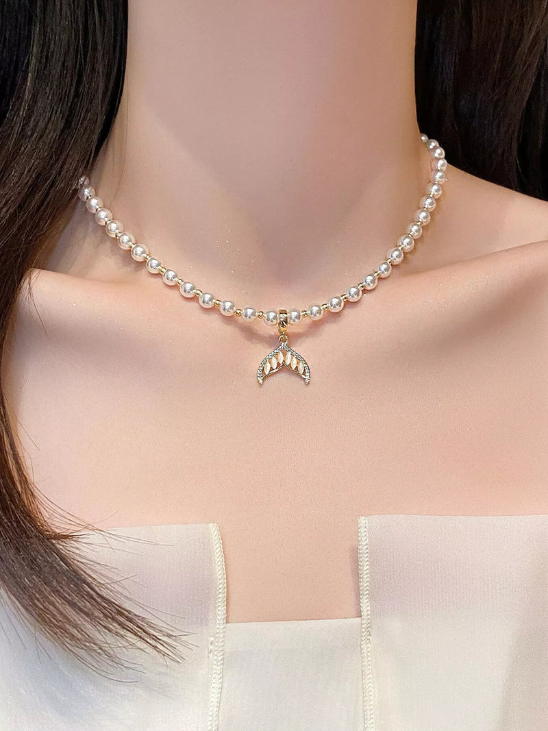 Silver pearl mermaid tail pendant necklace front view