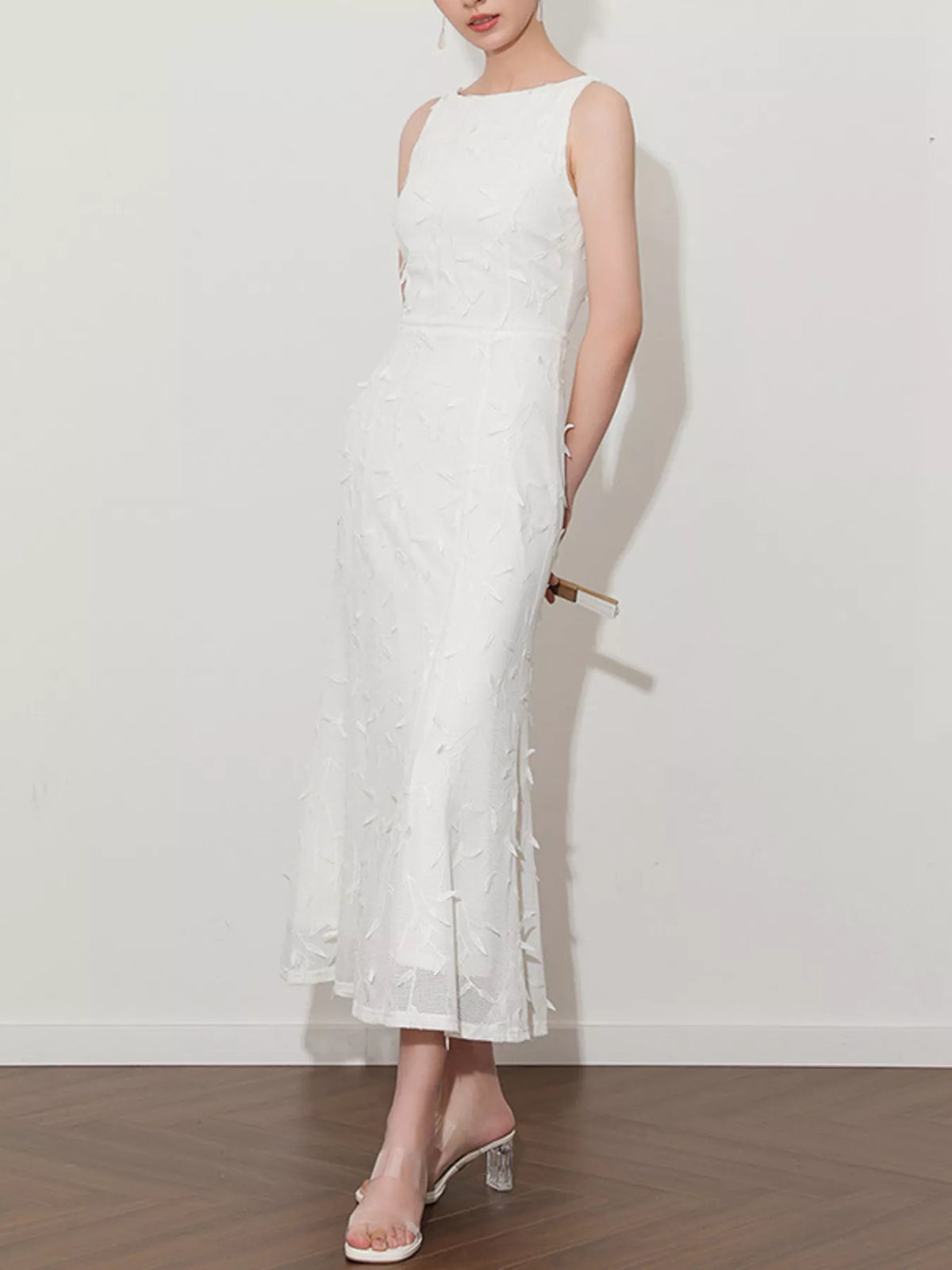 sleeveless floral applique off white midi dress side view