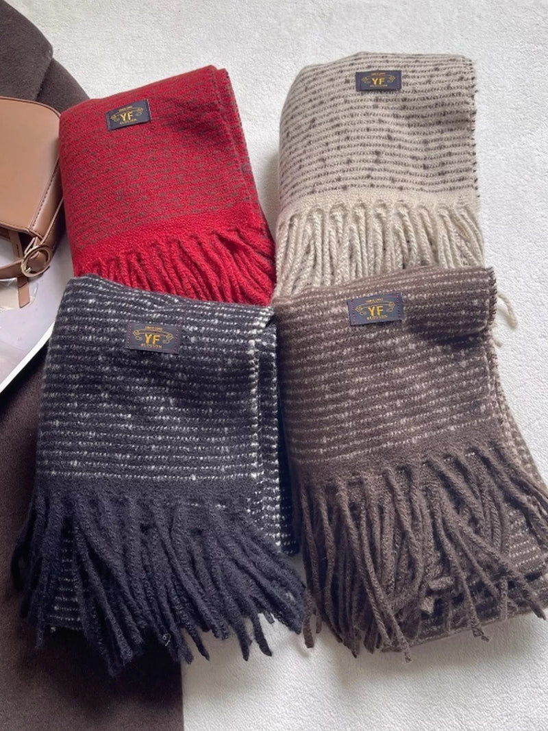 Warm striped tassel scarf around the neck