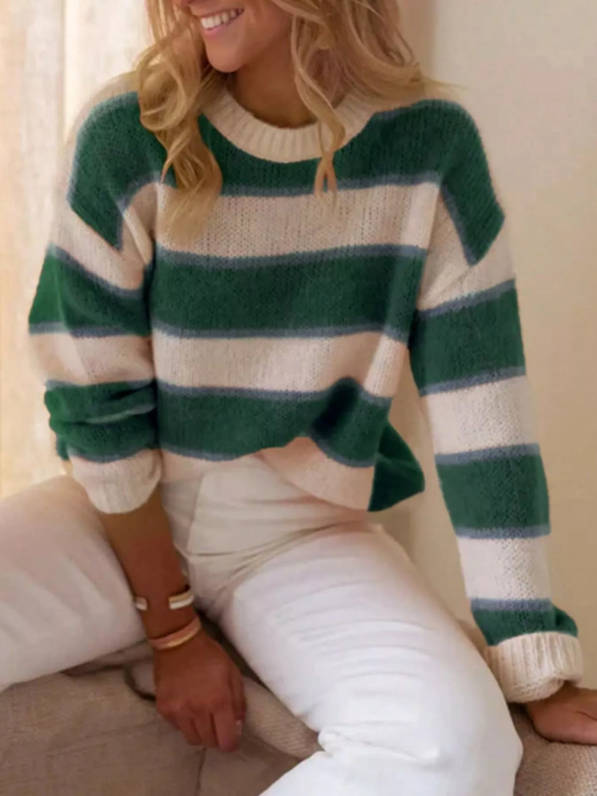 Striped dropped shoulder sweater side view