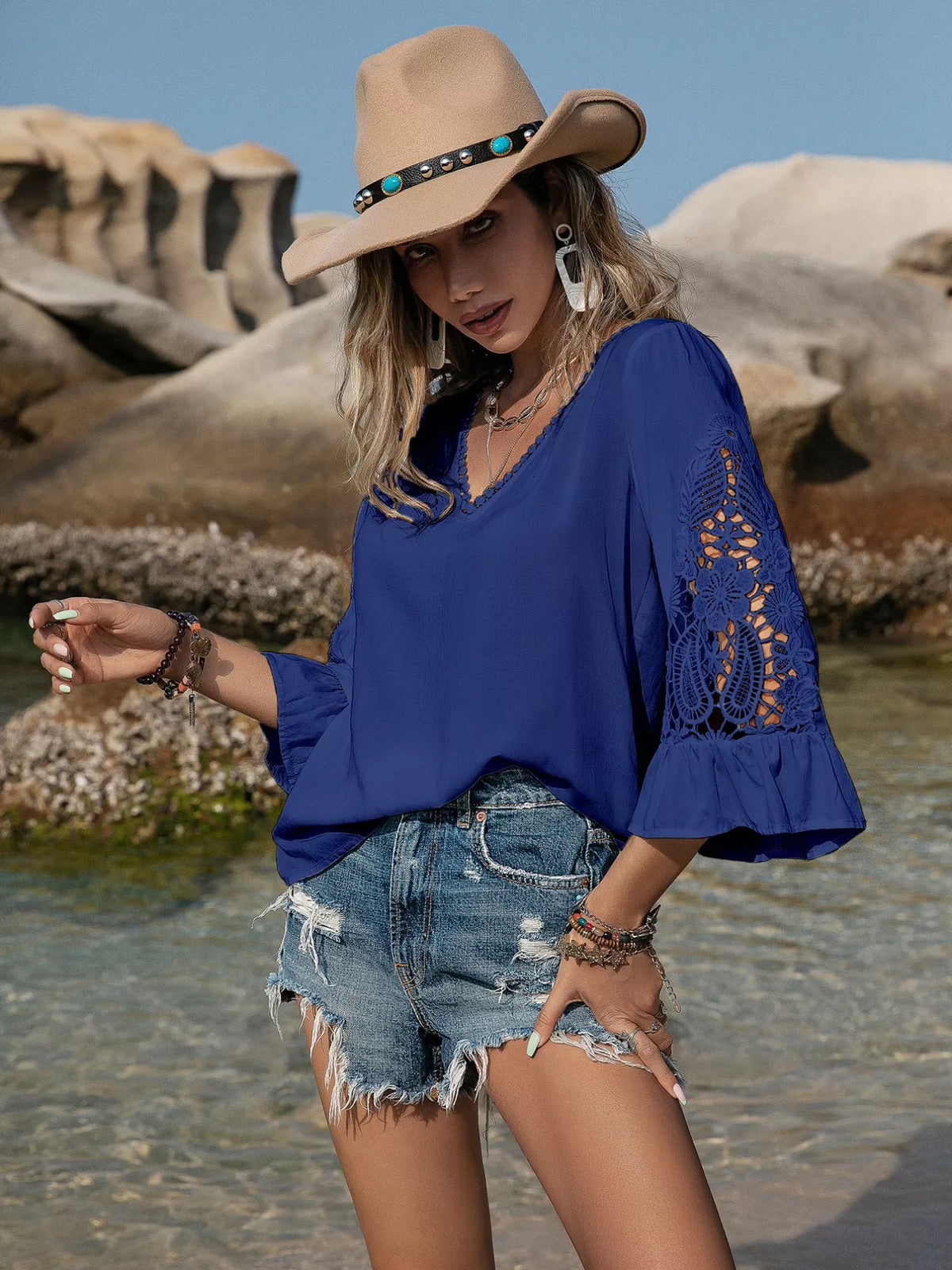 Lace Sleeve V-Neck Blouse, view 8