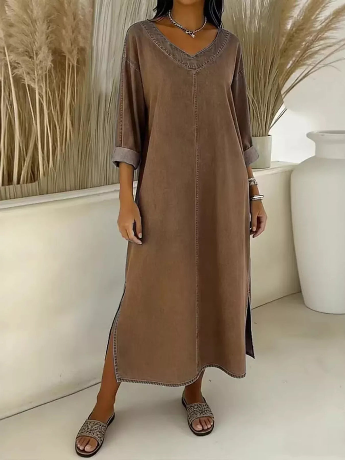 Side slit V neck long sleeve midi dress full length view