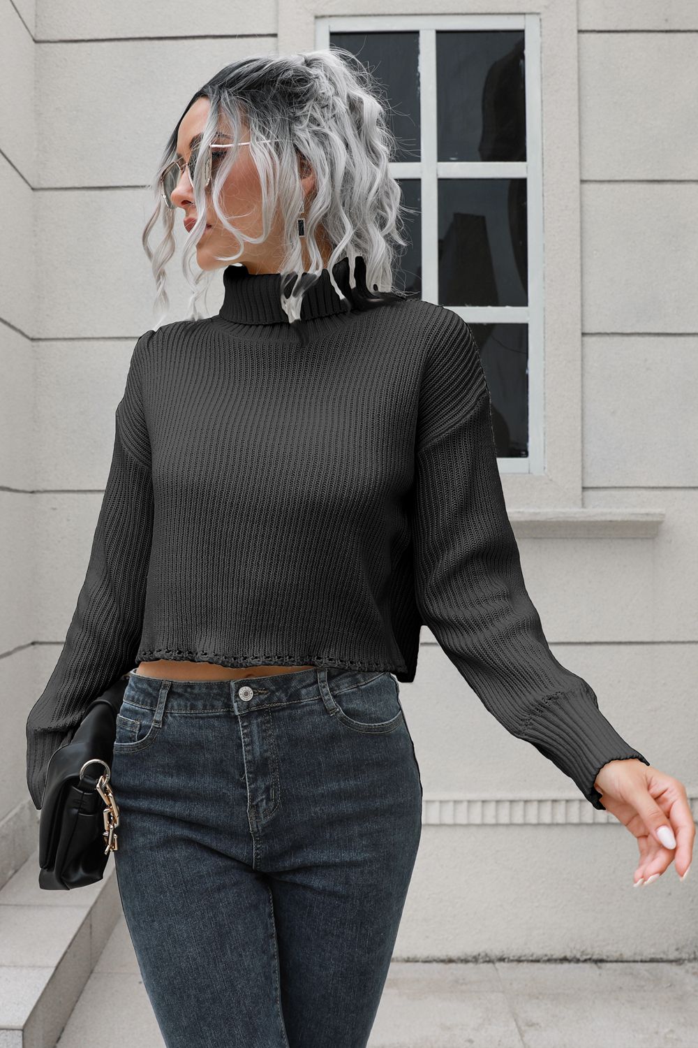 Turtleneck Dropped Shoulder Sweater - Fashorio