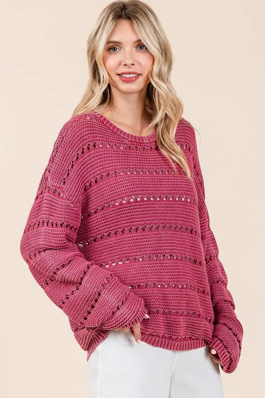 Openwork Round Neck Drop Shoulder Sweater in Raspberry side view