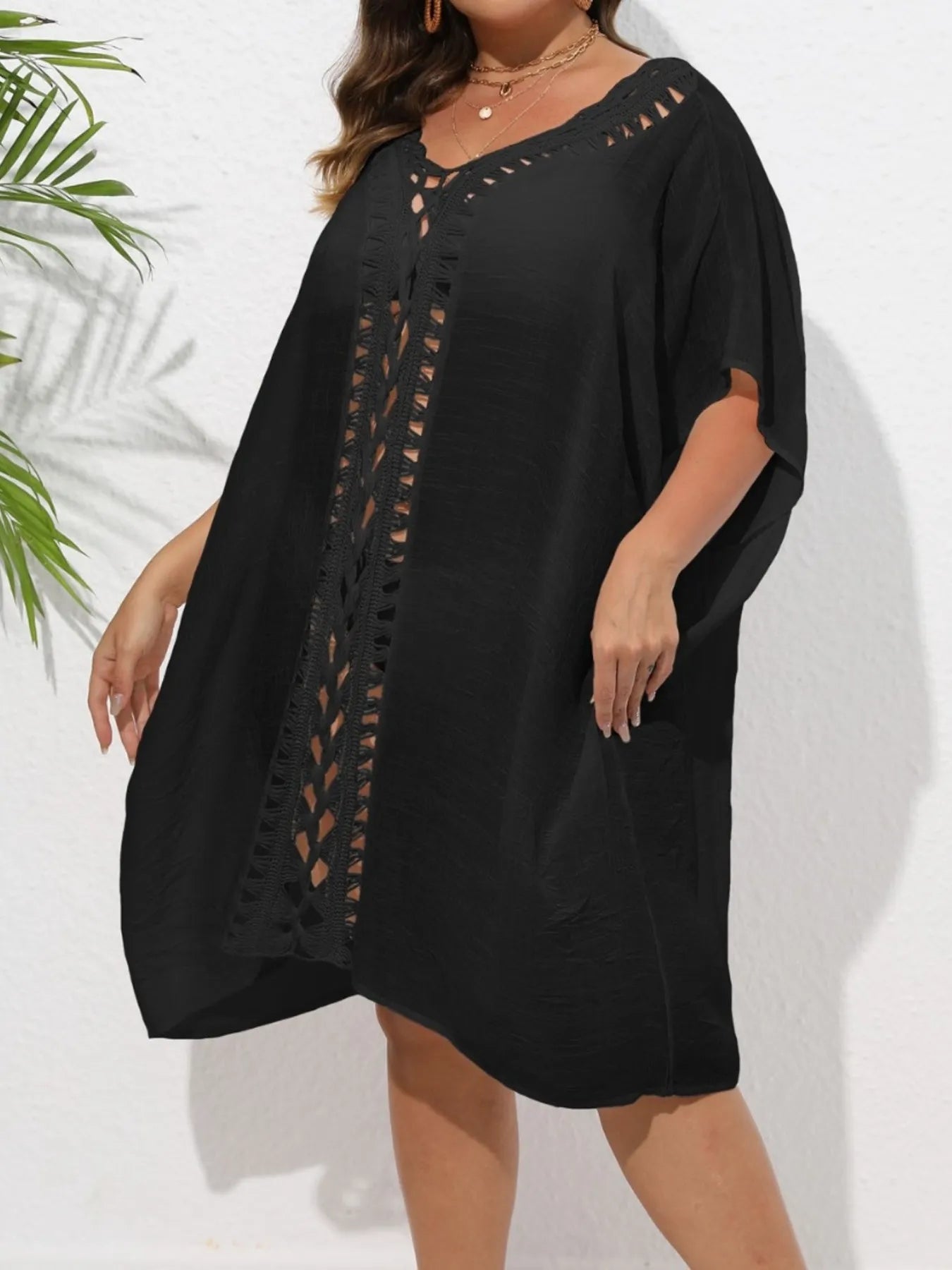 Crochet Trim V-Neck Beach Cover Up Dress Black One Size - Fashorio