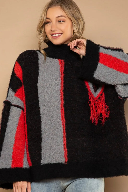 POL Turtleneck Color Block Fringe Detail Sweater Black Red Multi - Fashorio