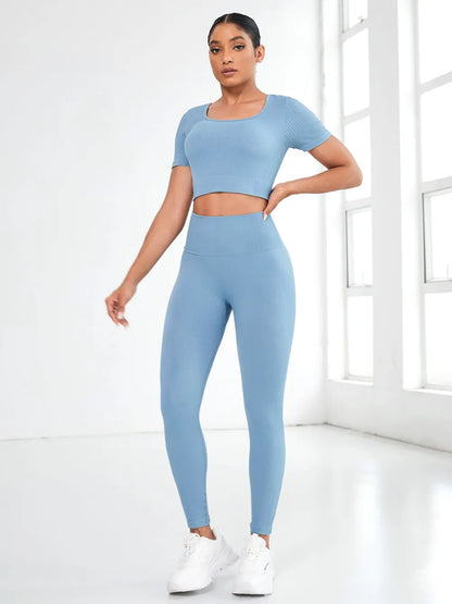 Round Neck Short Sleeve Top and Leggings Active Set - Fashorio