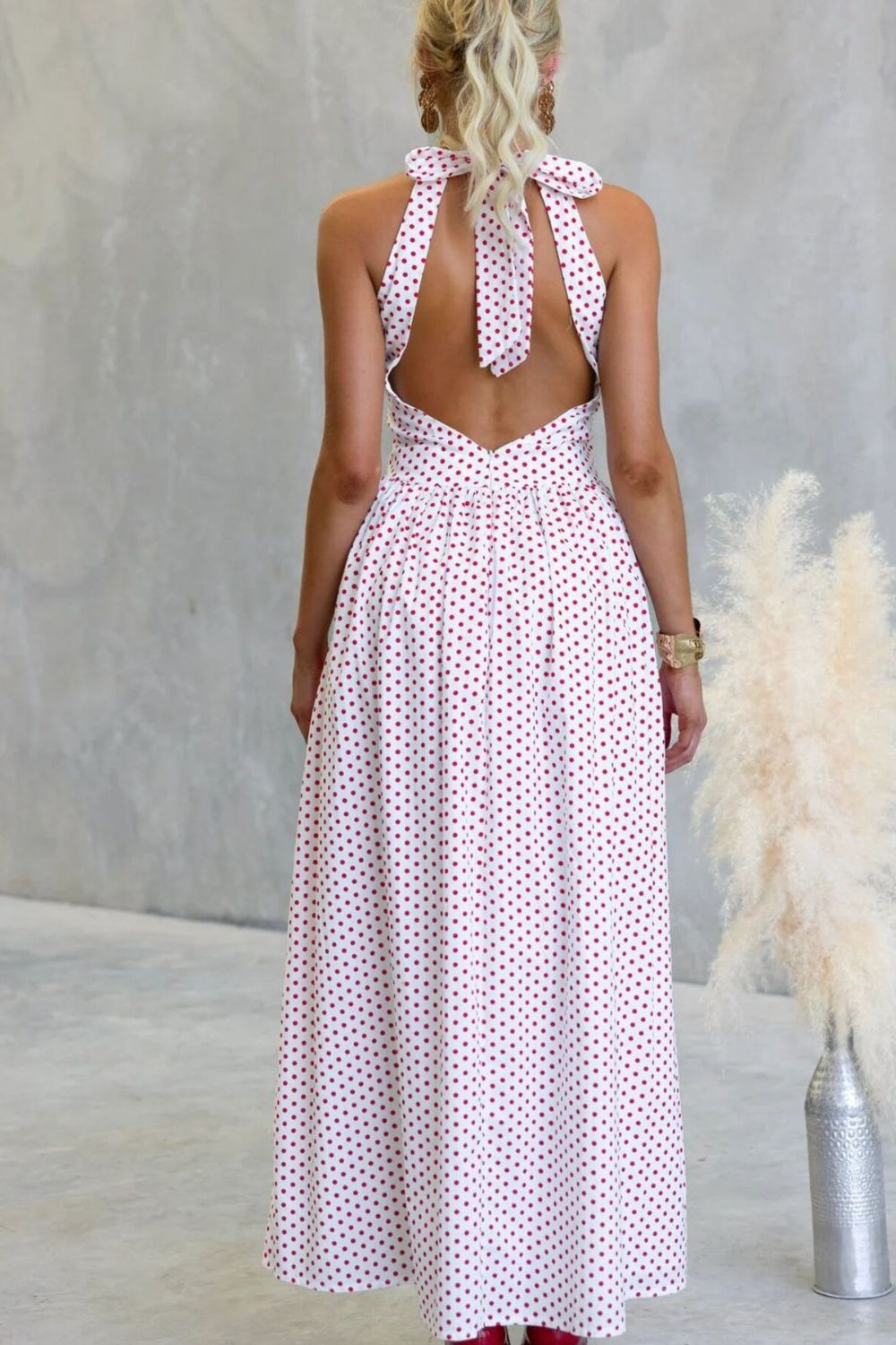 polka dot backless halter neck maxi dress fabric and print detail