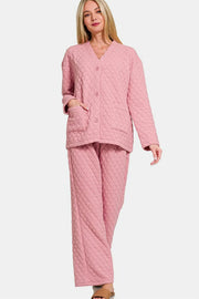 Zenana Quilted Button Up Long Sleeve Top and Pants Lounge Set Dusty Pink - Fashorio
