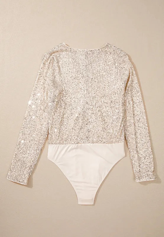 Sequin Surplice Long Sleeve Bodysuit - Fashorio