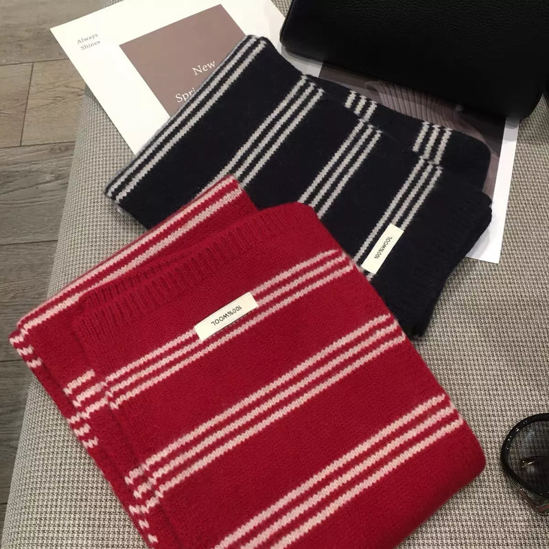 Wool striped contrast knit scarf wrapped around the neck