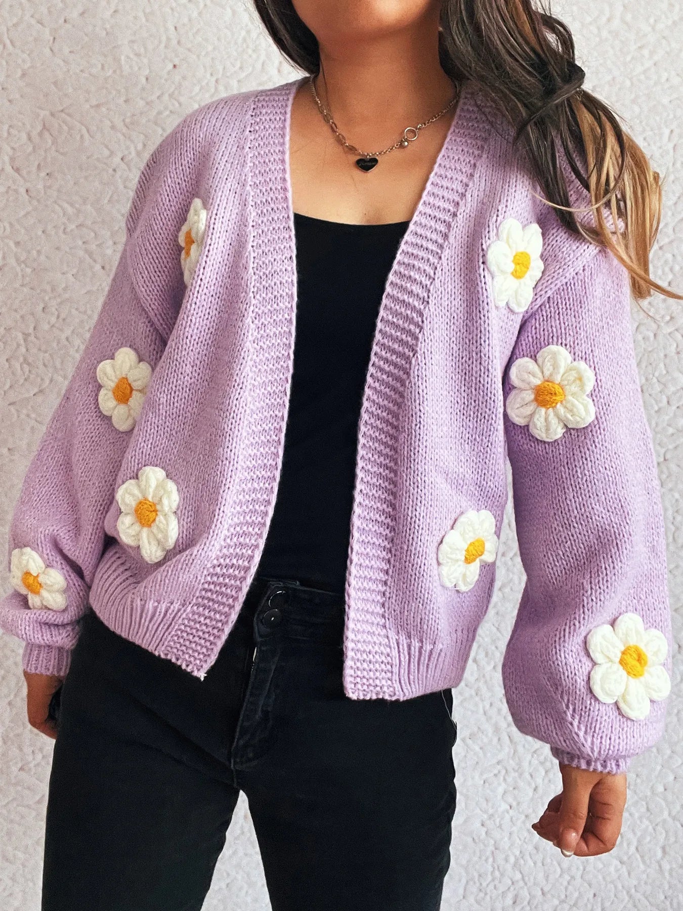 Flower Open Front Long Sleeve Cardigan - Fashorio