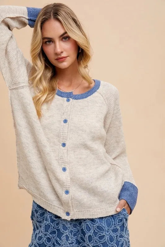 Annie Wear Contrast Trim Button Down Raglan Sleeve Cardigan - Fashorio