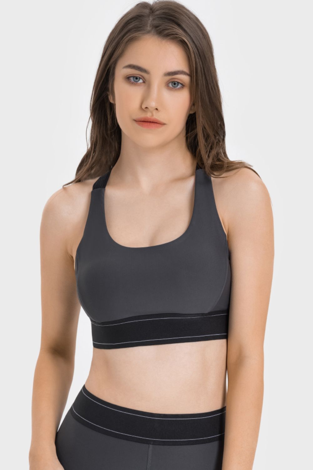 Cropped sports bra side view on model