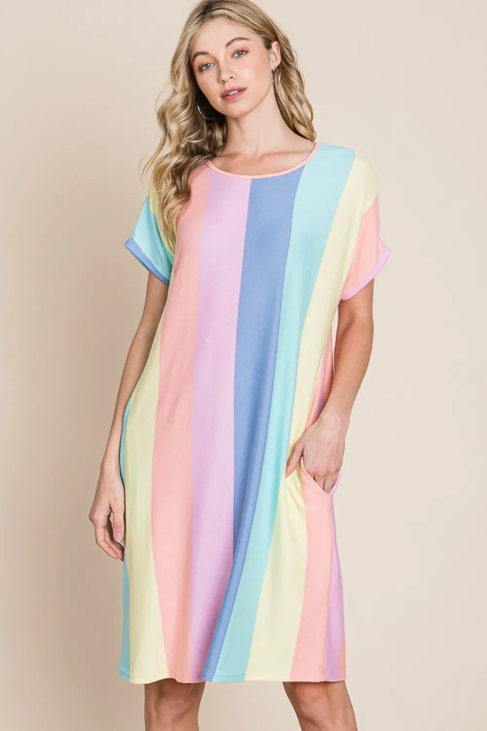 Striped Short Sleeve Dress with Pockets styled look