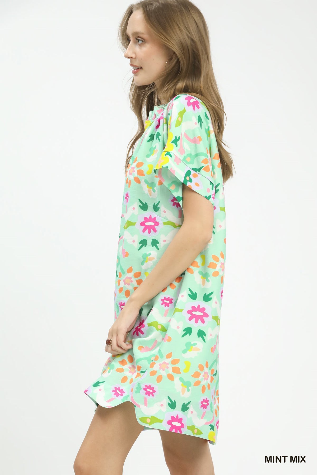 Abstract Floral Shift Dress in Mint back view
