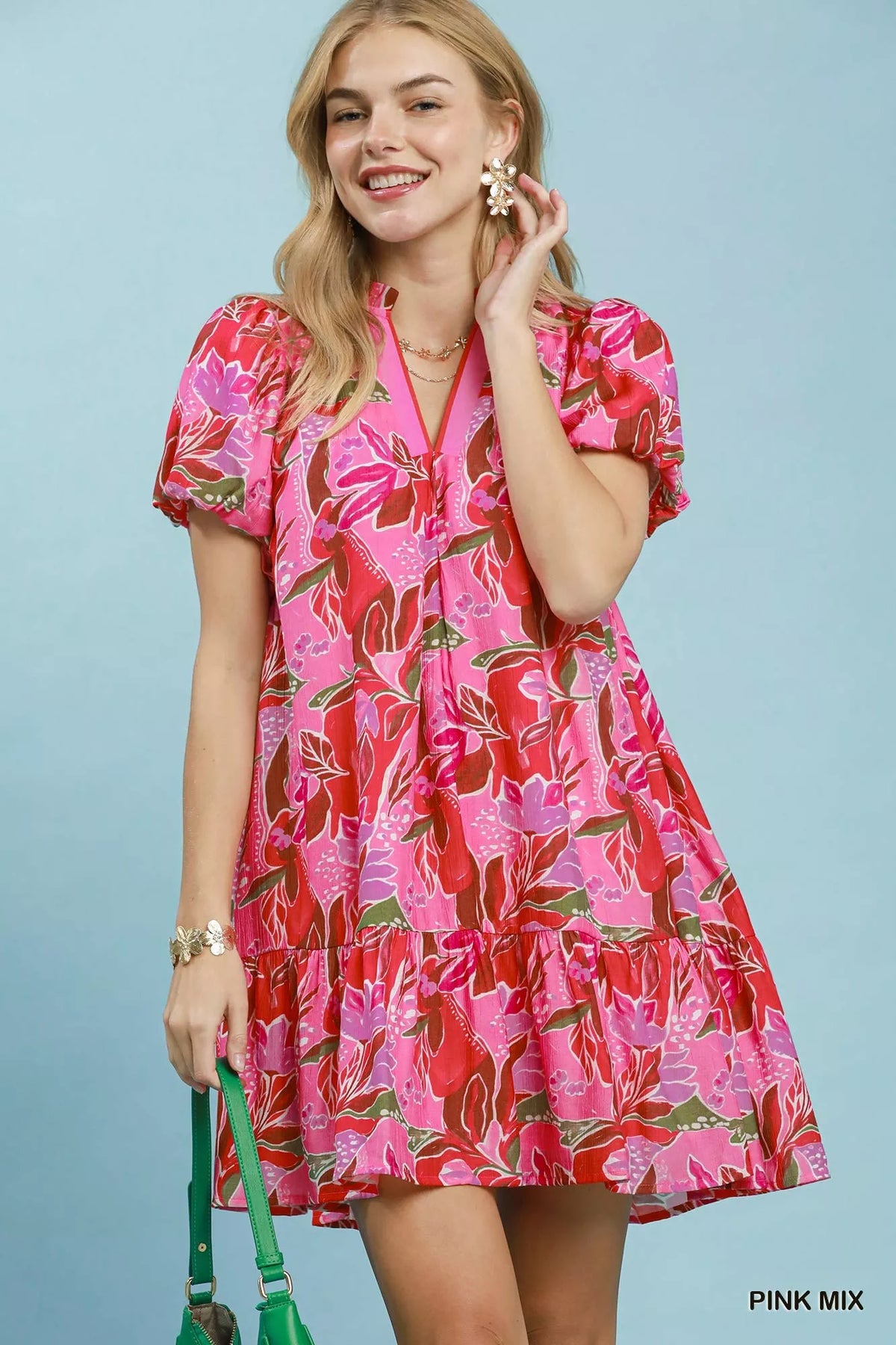 Pink tropical floral puff sleeve tiered mini dress front view