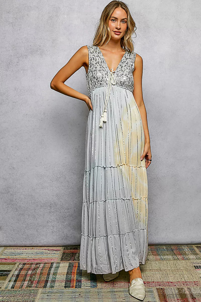 Light grey bohemian tiered maxi dress with deep V neckline front view