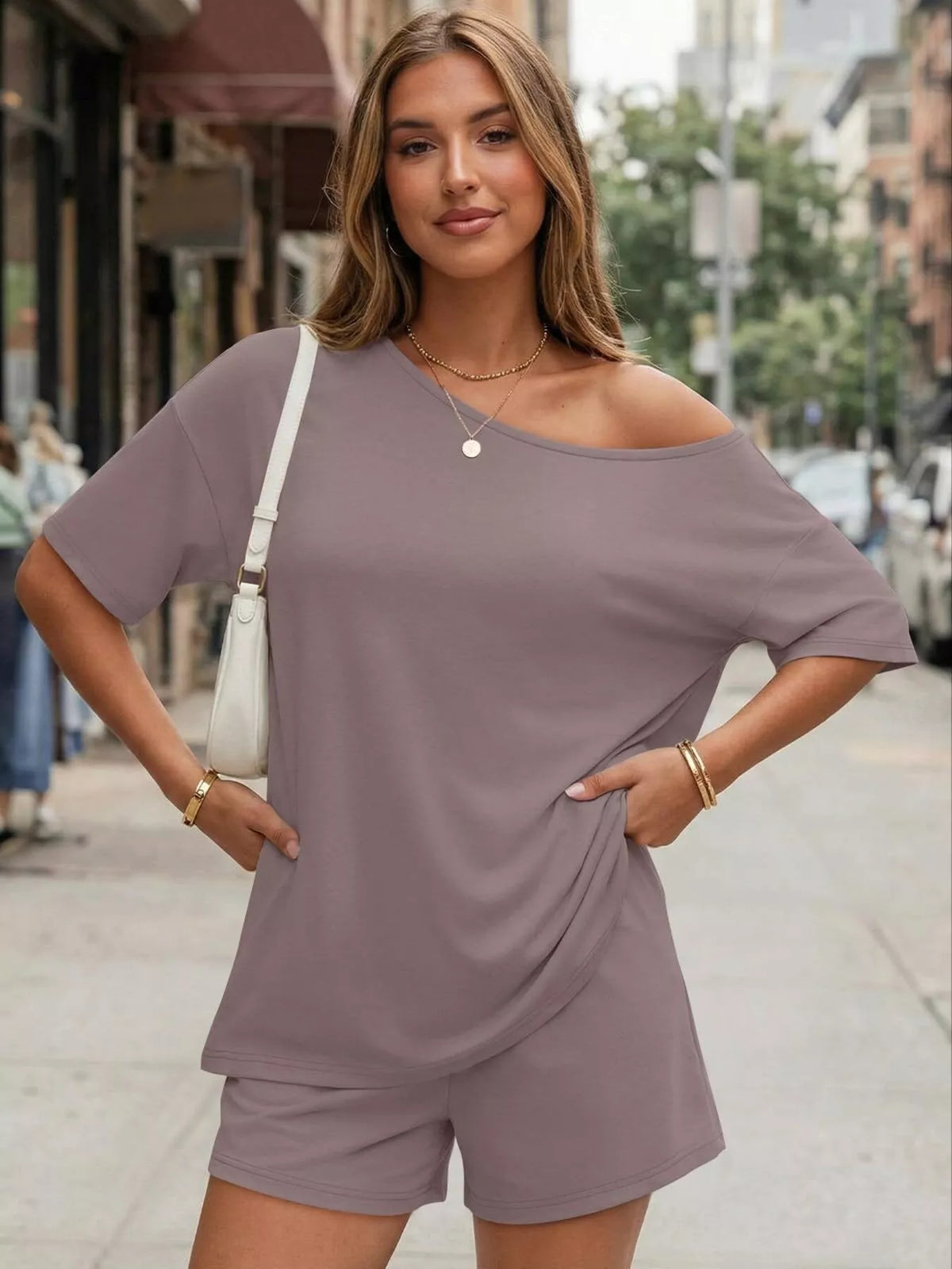 Boat Neck Tee and Shorts Two Piece Set Plus Size, view 19