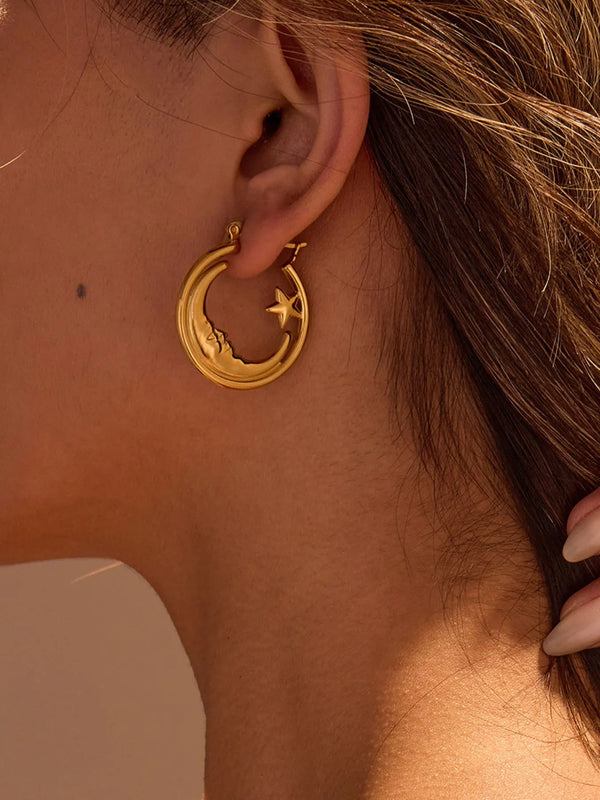 18K Gold-Plated Crescent Moon Star Hoop Earrings Gold One Size - Fashorio