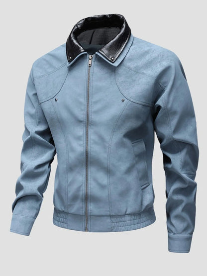 Men's Plus Size Leather Bomber Jacket with Full Zip Front Blue - Fashorio