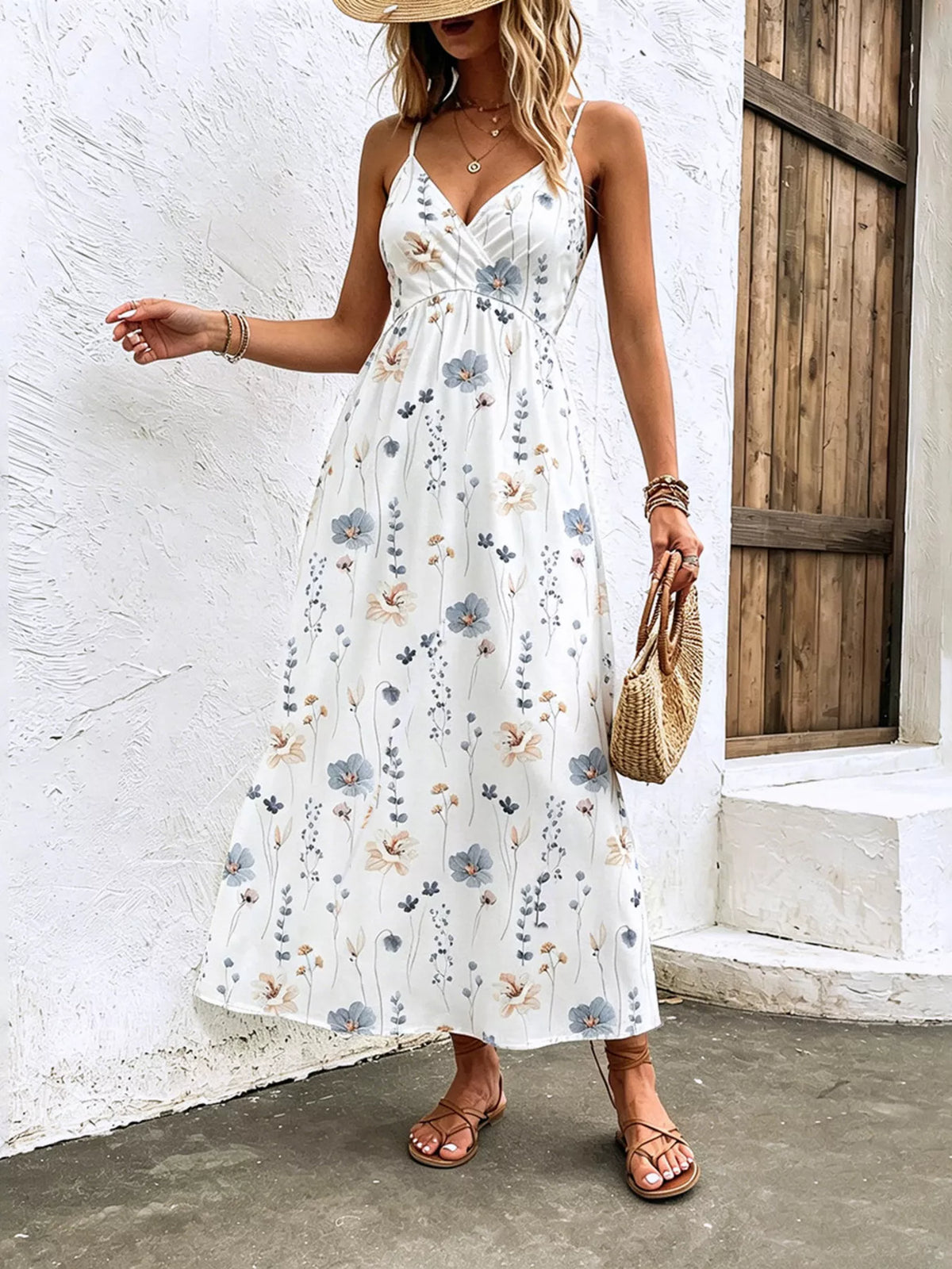 Full length view of the floral spaghetti strap midi dress