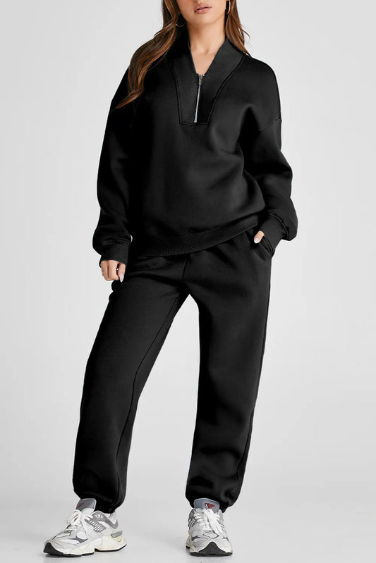 Quarter Zip Long Sleeve Top and Pants Set Black - Fashorio