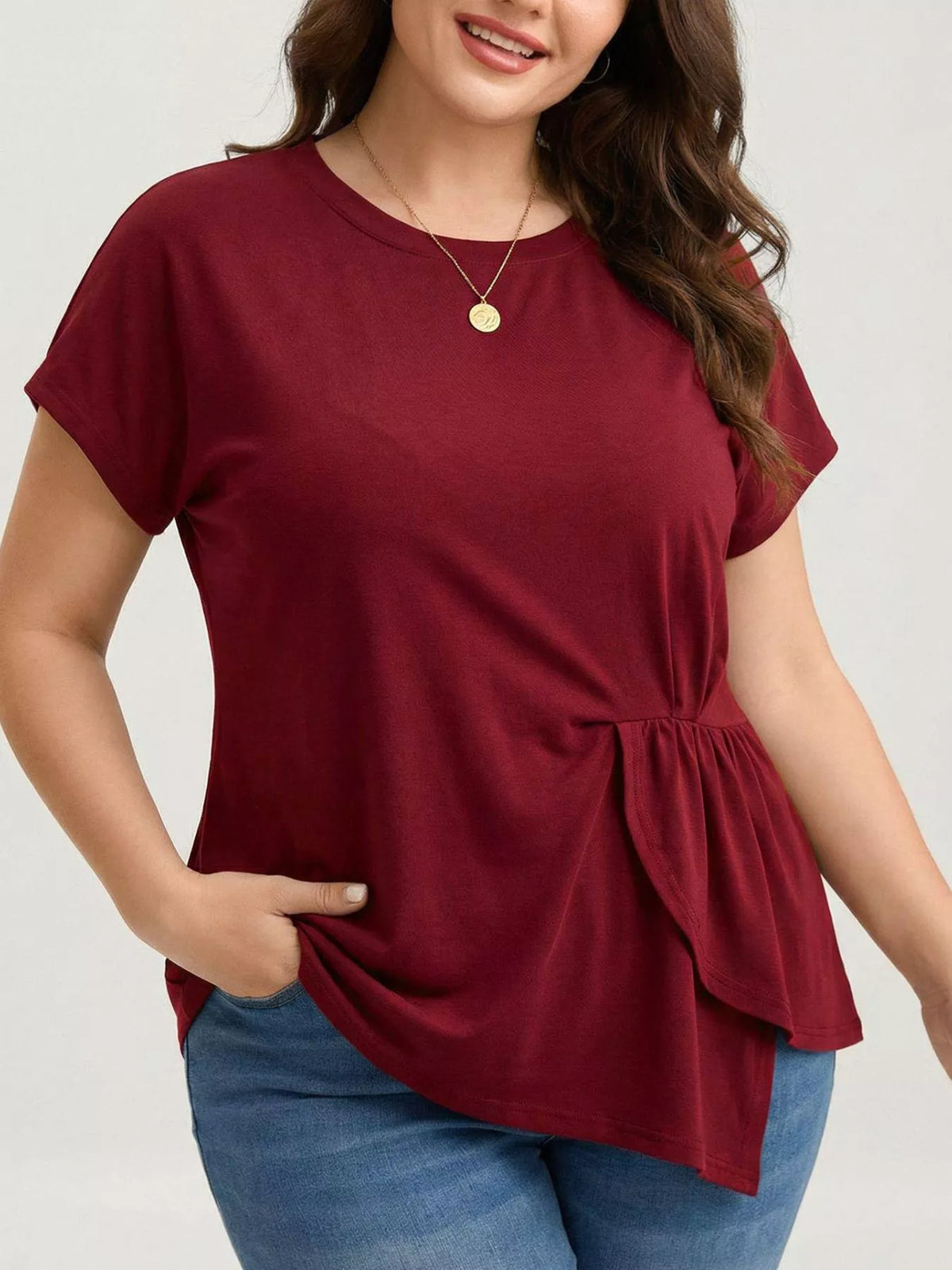 Burgundy ruffle hem t-shirt plus size front view