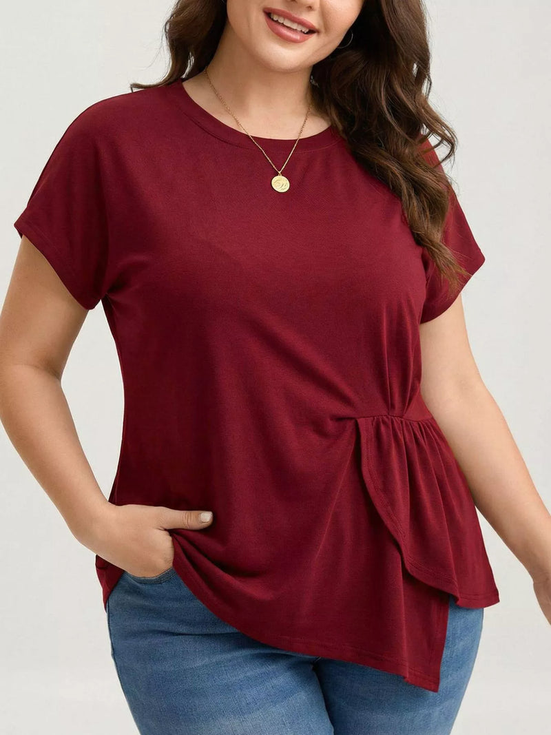 Burgundy ruffle hem t-shirt plus size front view