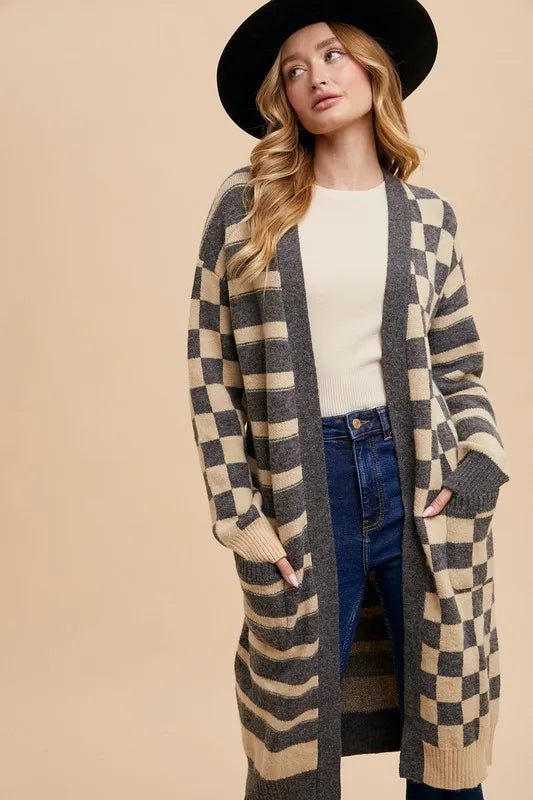 Annie Wear Checkered & Striped Open Front Long Sleeve Cardigan - Fashorio