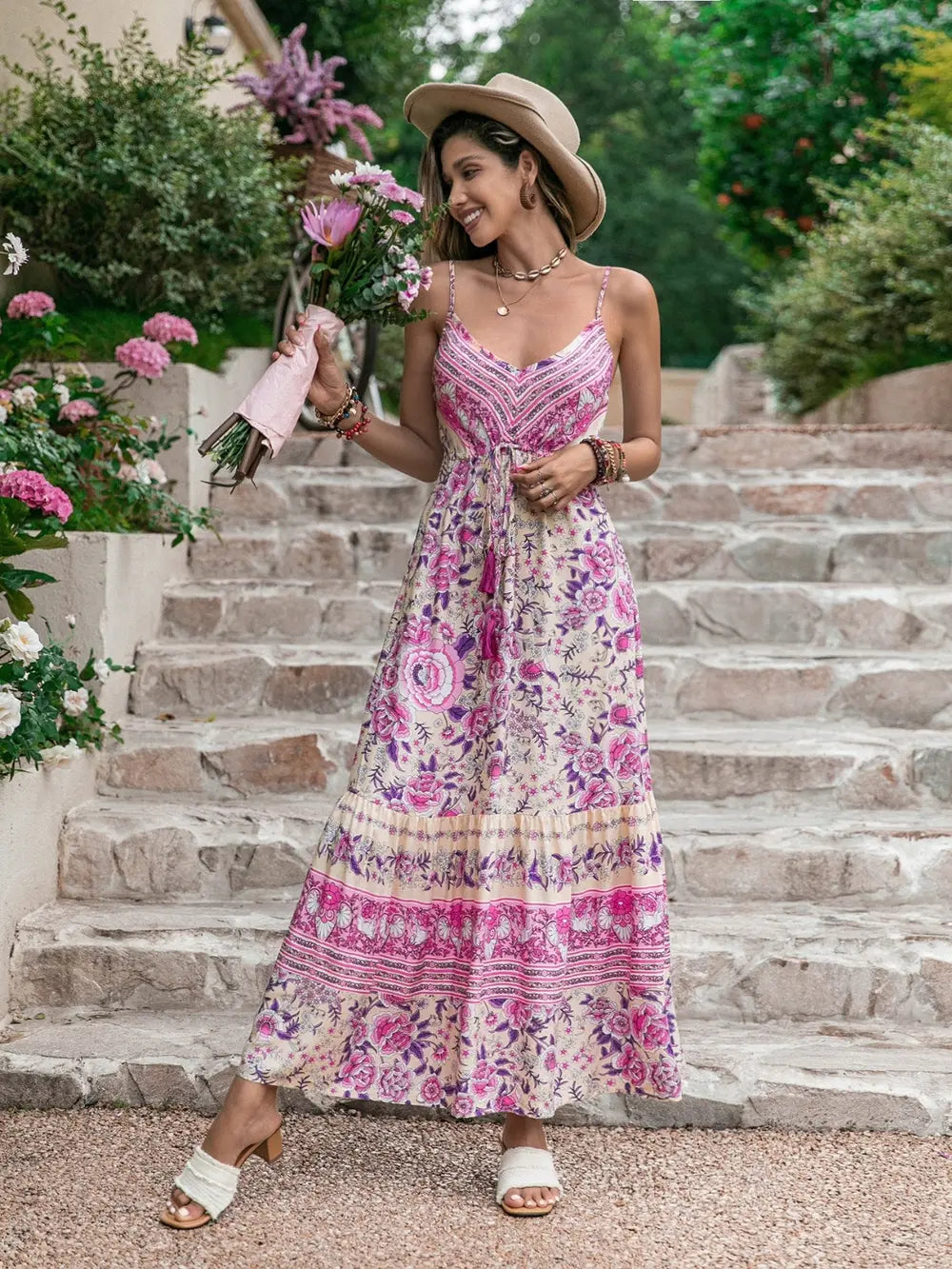 Pink tassel printed V neck maxi dress, back view