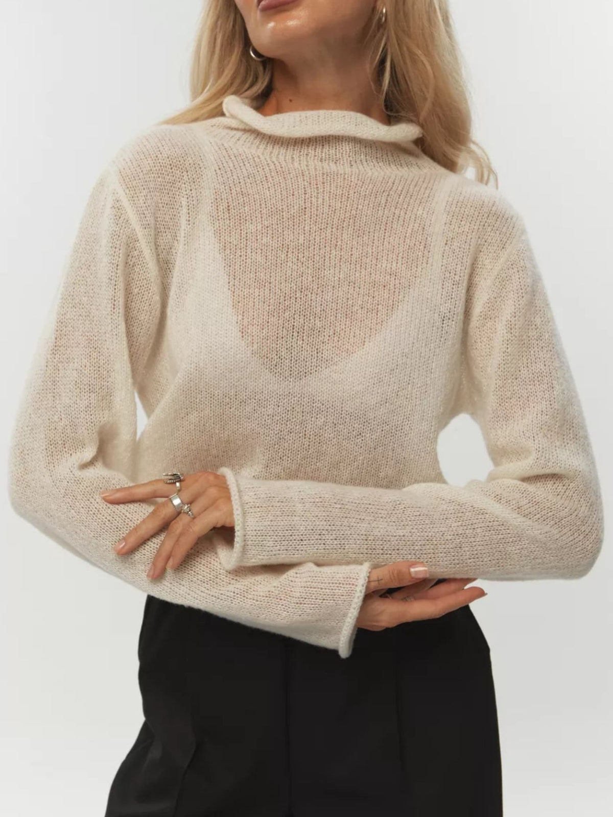 Mock neck knit sweater close up